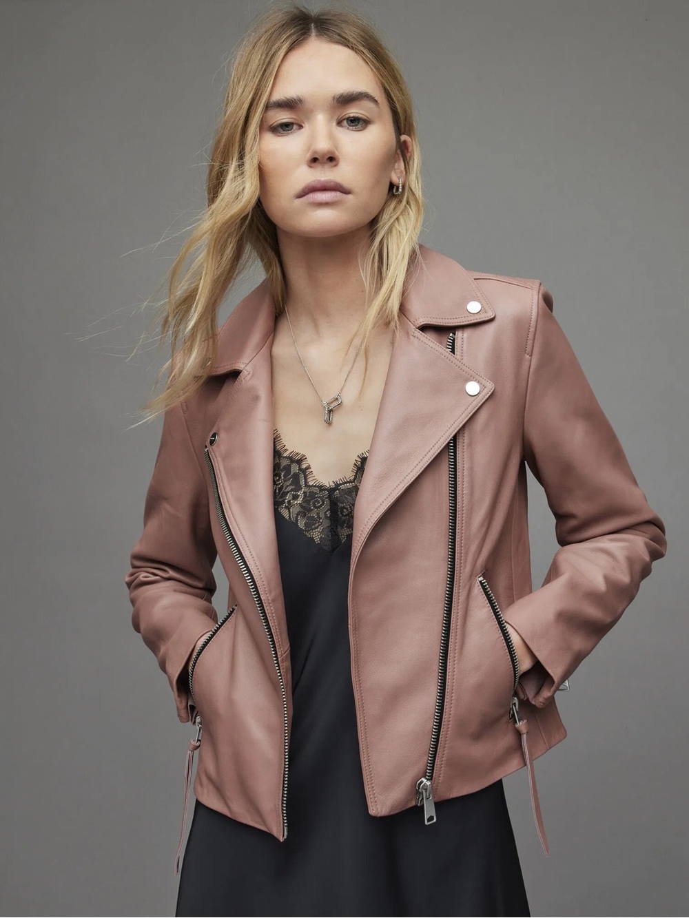 All Saints Dalby leather slim fit biker jacket in blush. Size US 6 RARE color